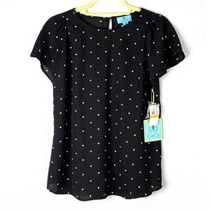 CeCe Top Small Womens Black White Polka Dot Flutter Sleeve Blouse